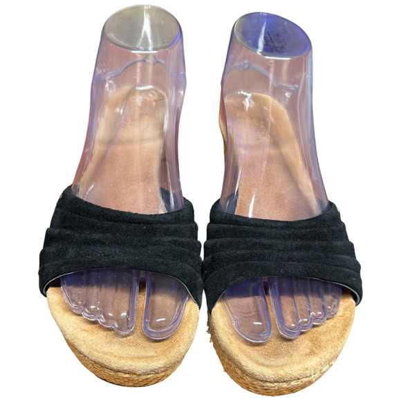 UGG Alvina Women's 7 Black Leather Suede Beige Wedge Heel Slip On Sandal Comfort - Picture 6 of 13